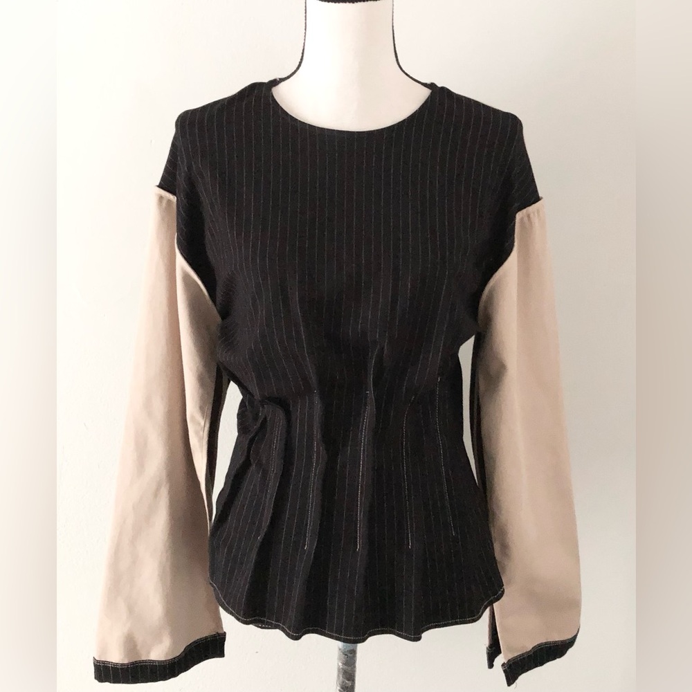 Zara Black Pinstripe Pullover Top Wide Open Sleeves Career Tailored Streetwear